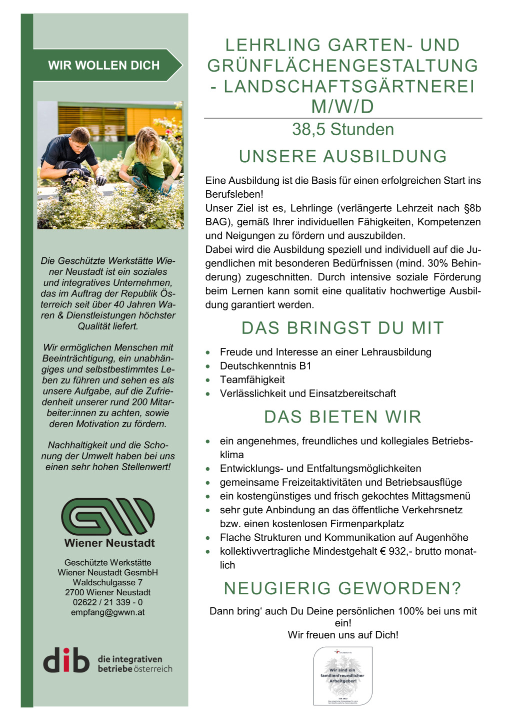 Lehrling (w/m/d) für den Lehrberuf Garten- und Grünflächengestaltung - Landschaftsgärtnerei